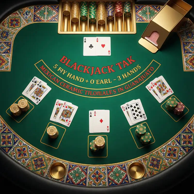 Mesa de blackjack profesional con cartas y fichas de casino estilo mexicano